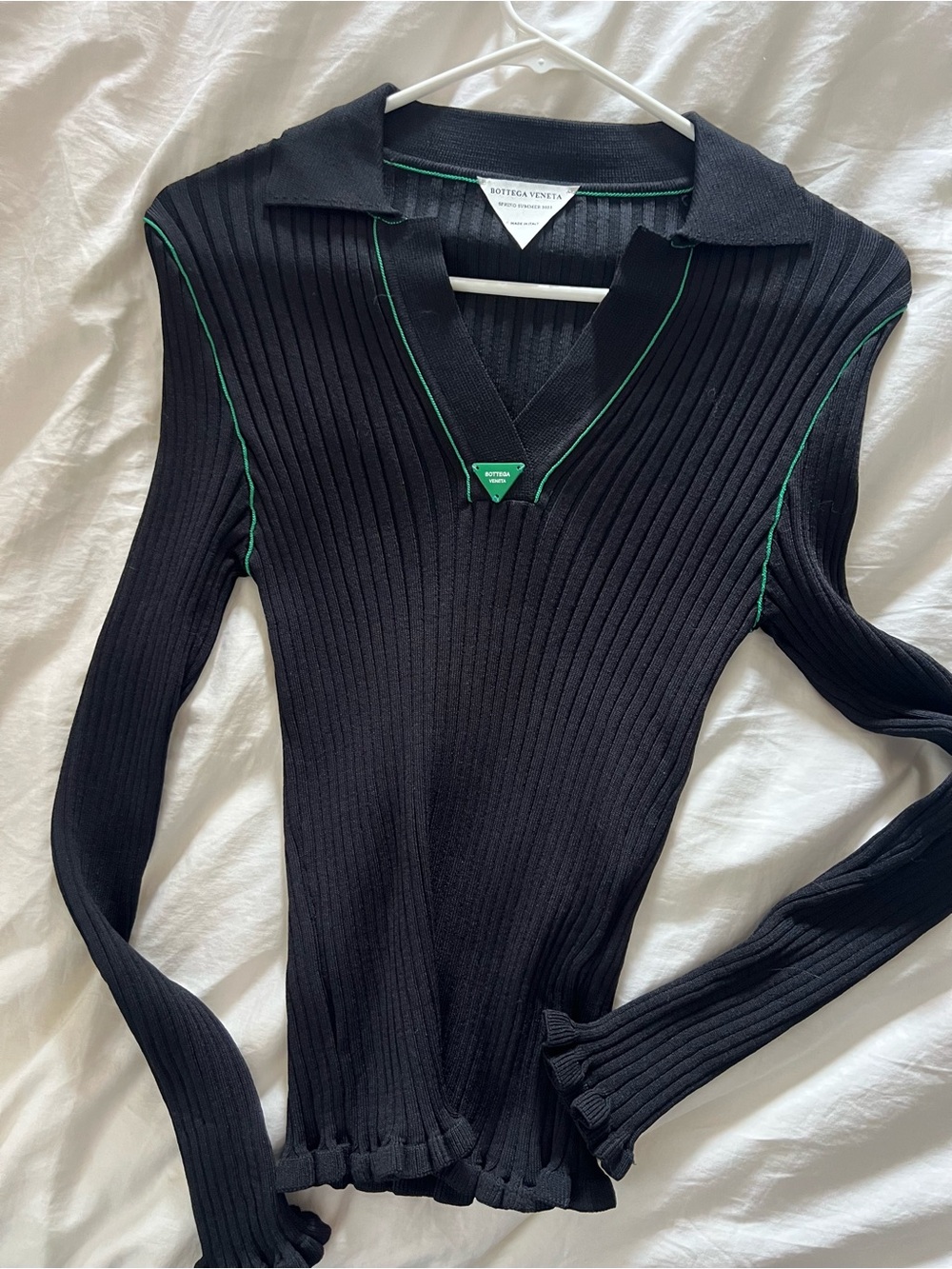 Bottega Veneta Black Ribbed V-Neck Sweater with Green Trim